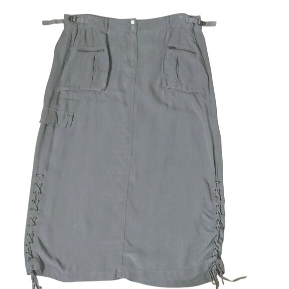 VTG DA-NANG 100% Silk Cargo Skirt Cocoon Gray M Lace-Up Side Utility Y2K Surplus - Picture 1 of 5